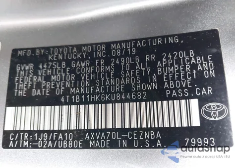 2019 Toyota Camry Le из США, поврежденный, VIN 4T1B11HK6KU844682